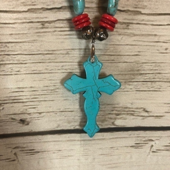 Artisan Art Deco Boho Beaded Turquoise Cross Necklace & Bracelet - Picture 3 of 12